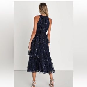 Lulus x small Blooming Glow Navy Blue Sequin Floral Tiered Halter Midi Dress